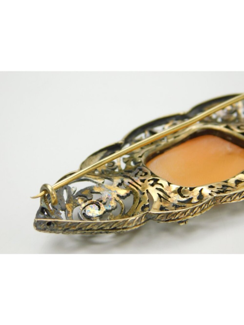 Antique 14k Gold 3.25" Filigree Floral Carved Shell Landscape Cameo Brooch Pin - Picture 14 of 16